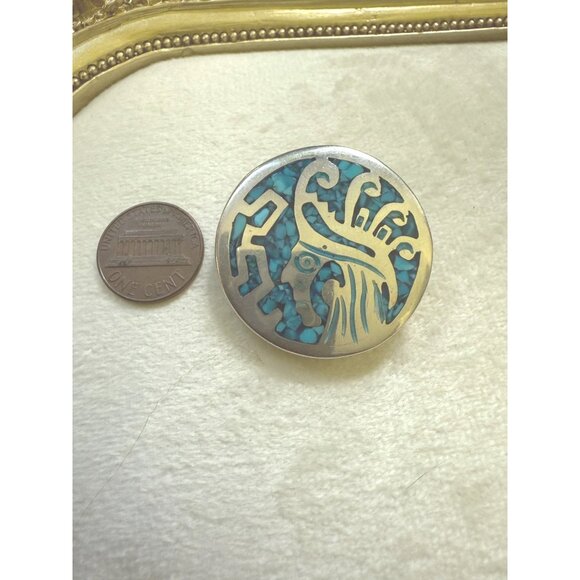 Vintage Mexican Sterling Silver & Turquoise Inlay Aztec Round Brooch Pendant - Picture 5 of 5
